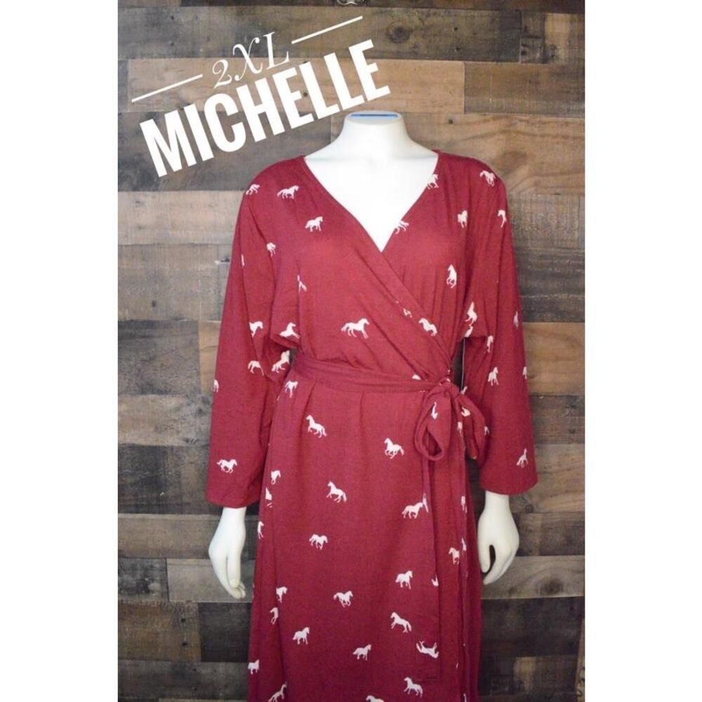 Lularoe Wrap Dress / Robe Maroon Red with Horse print  Size: 2XL